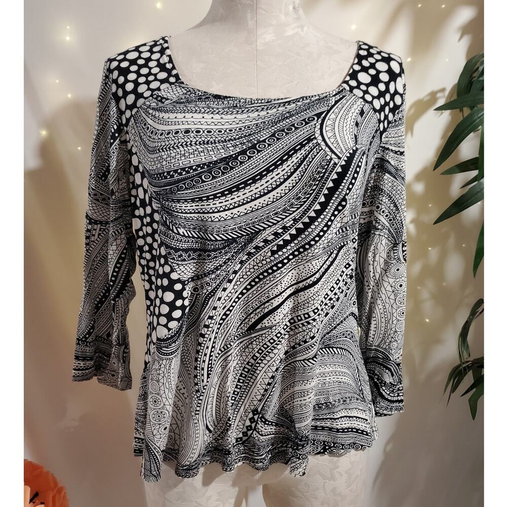 Vtg Parsley & Sage Geometric 3/4 Sleeve Square Neck Top Size L Artsy Black White